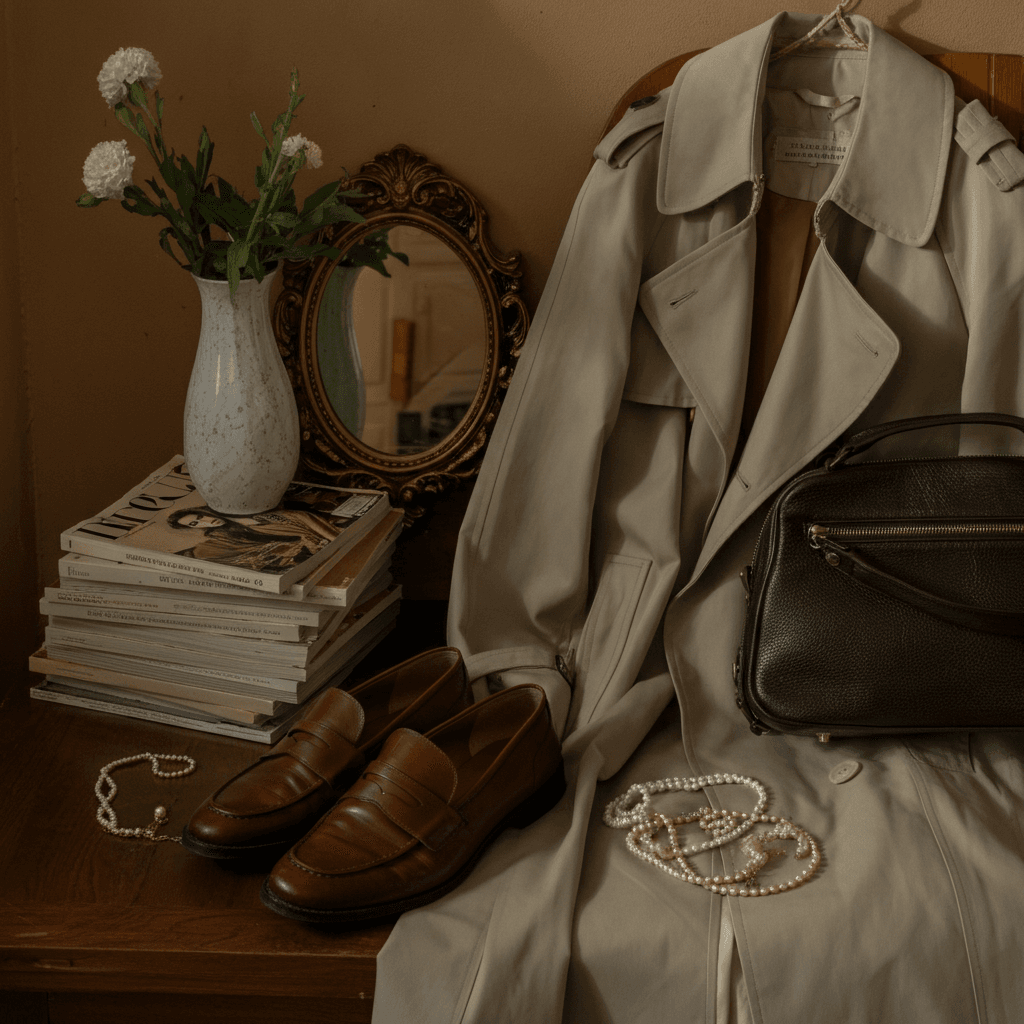 A collection of vintage fashion essentials, including a classic trench coat, leather loafers, a pearl necklace, and a vintage handbag, styled with old fashion magazines in a cozy, softly lit room featuring a vintage mirror and a vase of flowers.