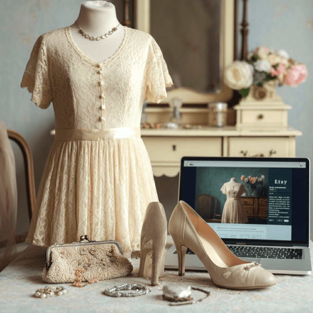 A detailed lace vintage dress on a mannequin, surrounded by a beaded clutch, vintage jewelry, and classic heels, set in a pastel-colored room with a vintage vanity table, flowers, and an open laptop displaying the Etsy website.