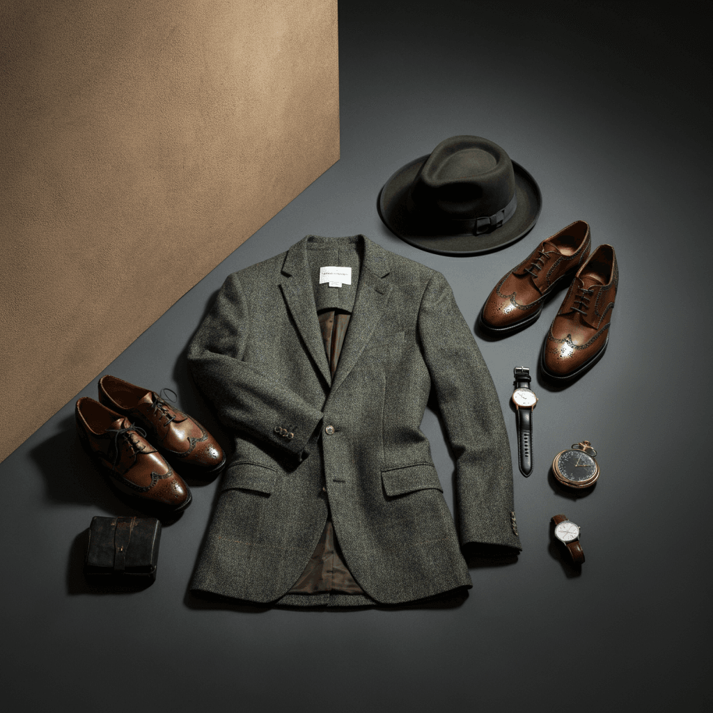 A stylish display of vintage men's fashion, featuring a tweed blazer, leather brogues, a pocket watch, and a fedora, paired with modern slim-fit trousers and a sleek wristwatch, set against a minimalist urban background with soft, natural lighting.