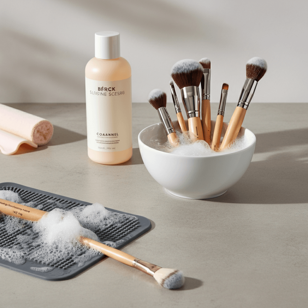 A variety of makeup brushes being cleaned with soap suds in a shallow bowl of water. Nearby are a silicone brush cleaning mat and a bottle of gentle cleanser on a white countertop. The scene is brightly lit with soft natural lighting, emphasizing cleanliness and care.