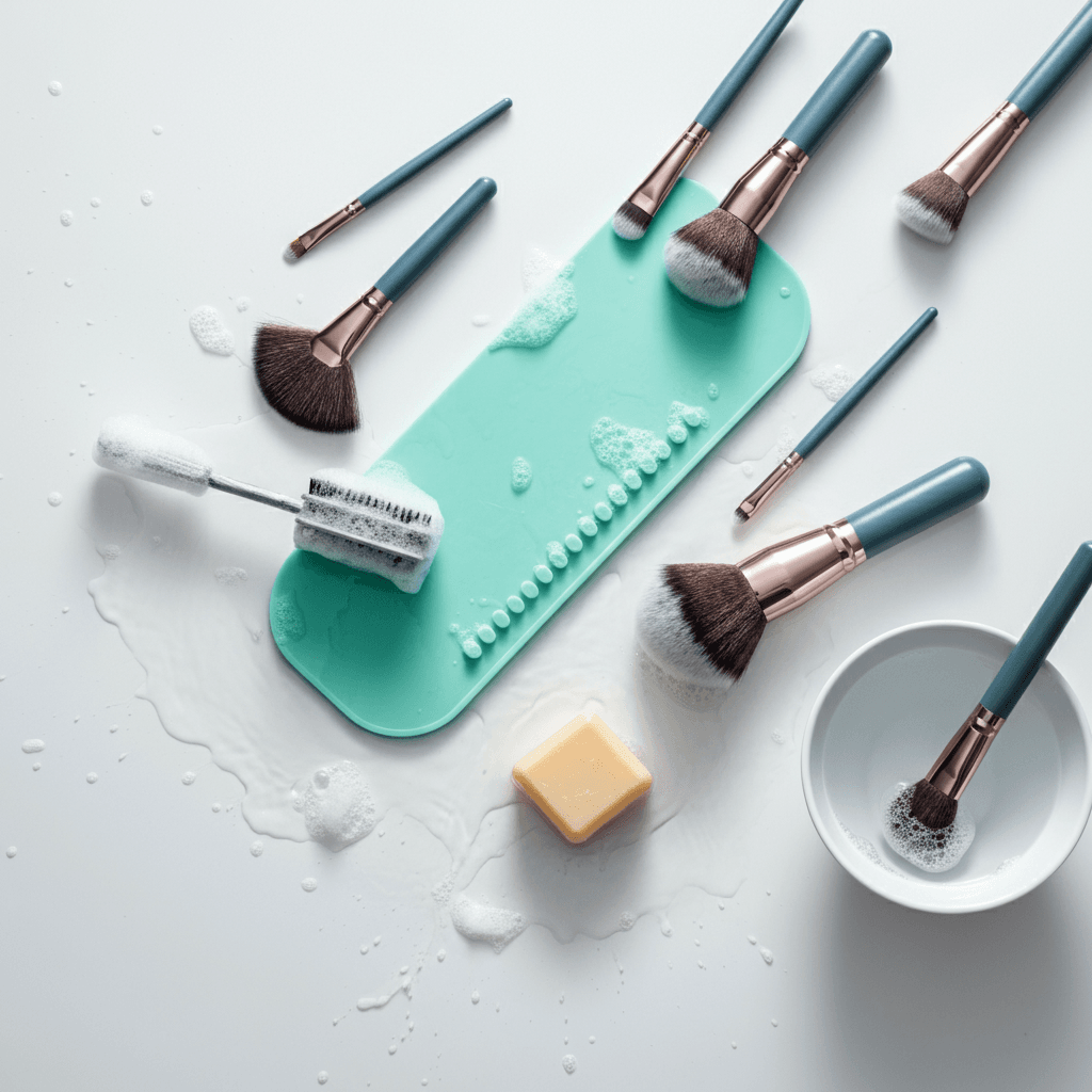 A flat lay of makeup brushes in various sizes, paired with cleaning essentials like a brush cleaning mat, gentle soap, and a bowl of water, arranged on a clean white surface with soap suds and water splashes, highlighted by soft lighting.