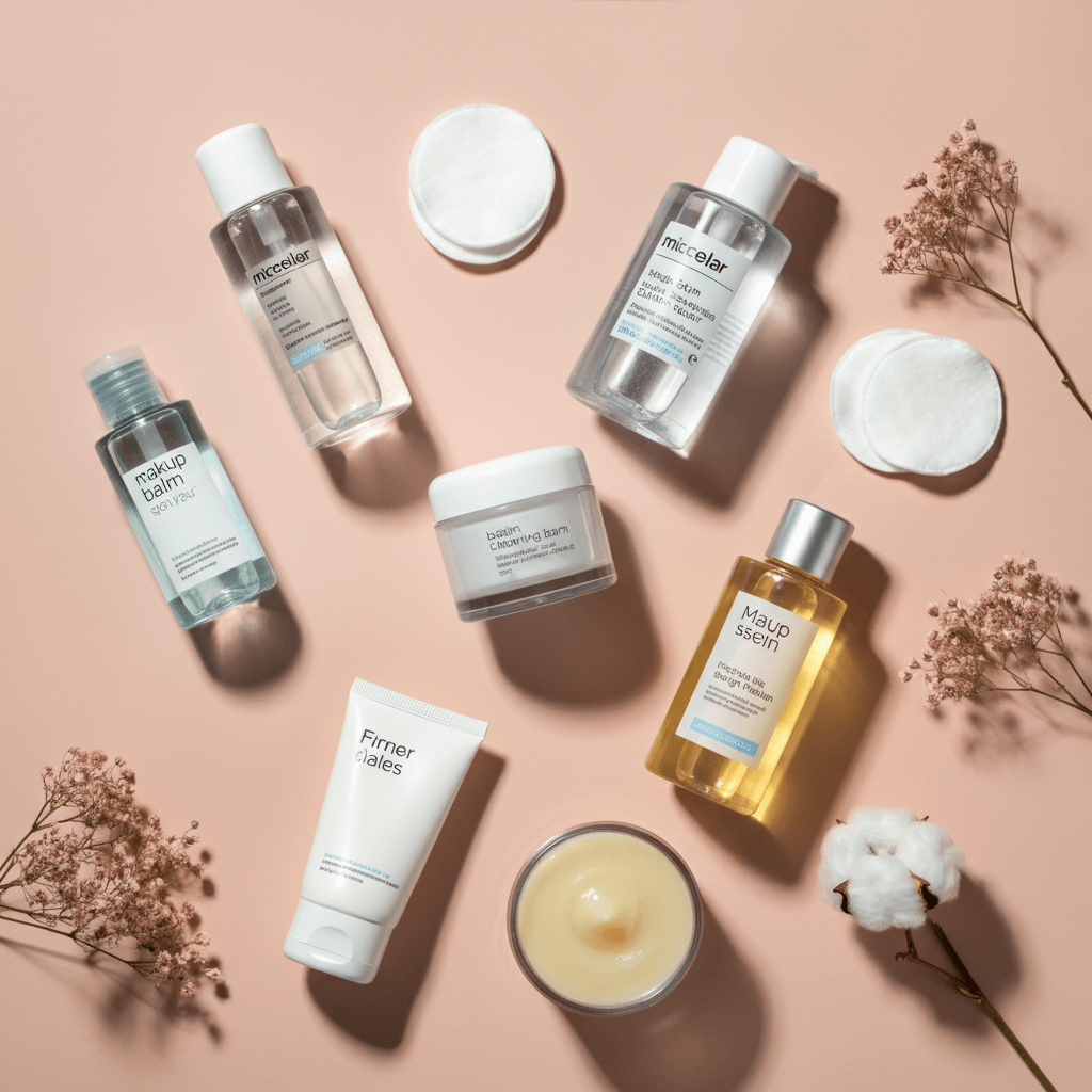 A flat lay of makeup remover products, including micellar water, cleansing balms, wipes, and oils, arranged on a pastel-toned surface with cotton pads and fresh flowers, highlighted by soft, natural lighting.