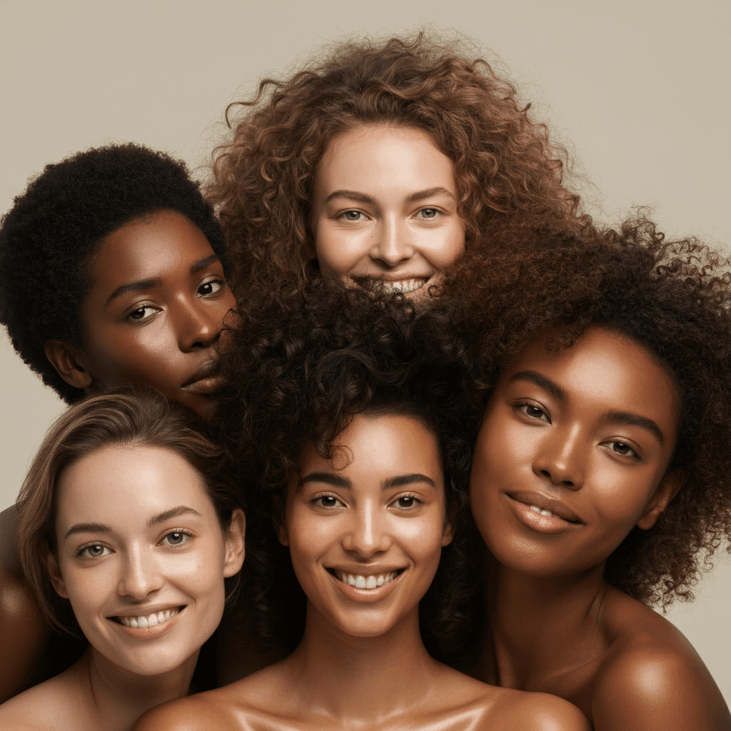 A diverse group of women with radiant, makeup-free faces, showcasing confidence and natural beauty, set against a neutral background with soft, natural lighting.