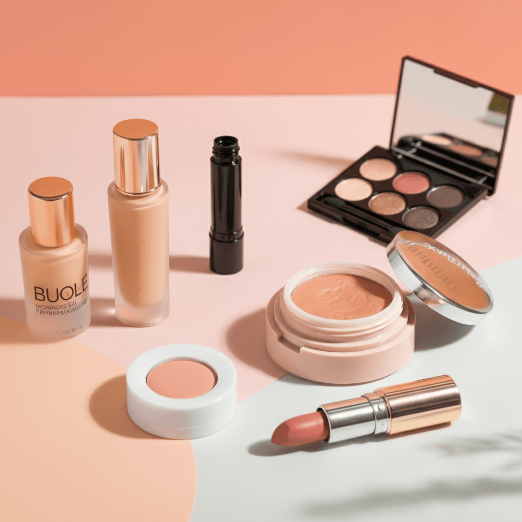 A clean arrangement of beginner-friendly makeup products, including light foundation, a neutral eyeshadow palette, mascara, blush, and nude lipstick, displayed on a white surface with pastel accents and soft, natural lighting.