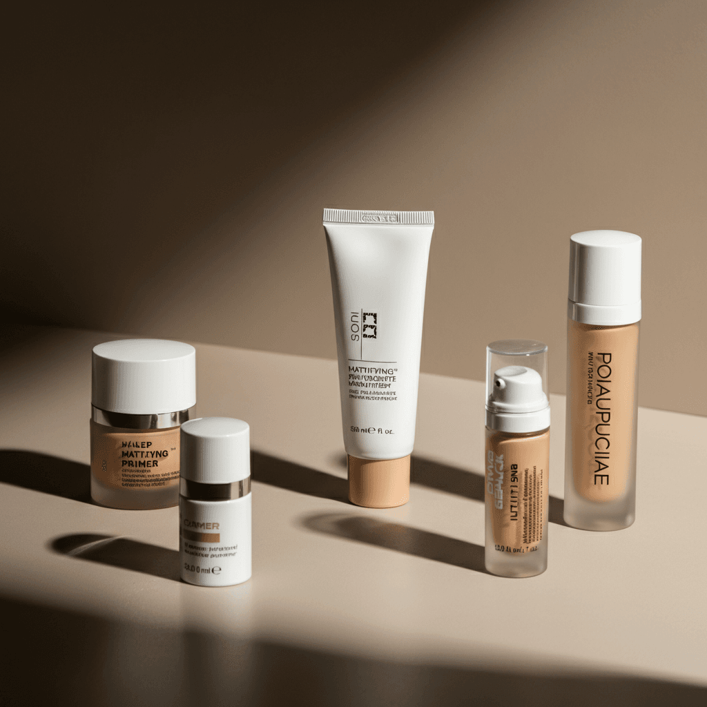 A sleek arrangement of makeup primer bottles and tubes, including hydrating, mattifying, and illuminating types, displayed on a neutral-toned surface with soft, professional lighting highlighting their textures.