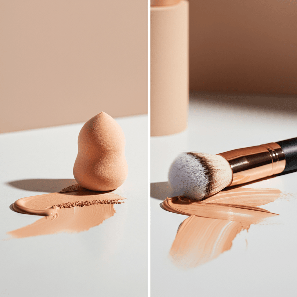 A side-by-side display of a makeup sponge and a makeup brush on a clean, white surface. The sponge has a dewy finish, and the brush features soft bristles with a sleek handle. Light makeup smudges of foundation and blush surround the tools, highlighting their use. The scene is lit with soft natural lighting for a minimalistic and clean look.