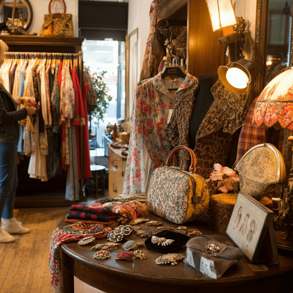 A shopper browsing through a rack of colorful vintage clothing, including floral dresses, patterned blouses, and unique jackets, in a cozy shop with wooden floors, antique mirrors, and soft lighting. Nearby, a table displays vintage accessories like brooches, scarves, and handbags, creating a treasure-hunting atmosphere.