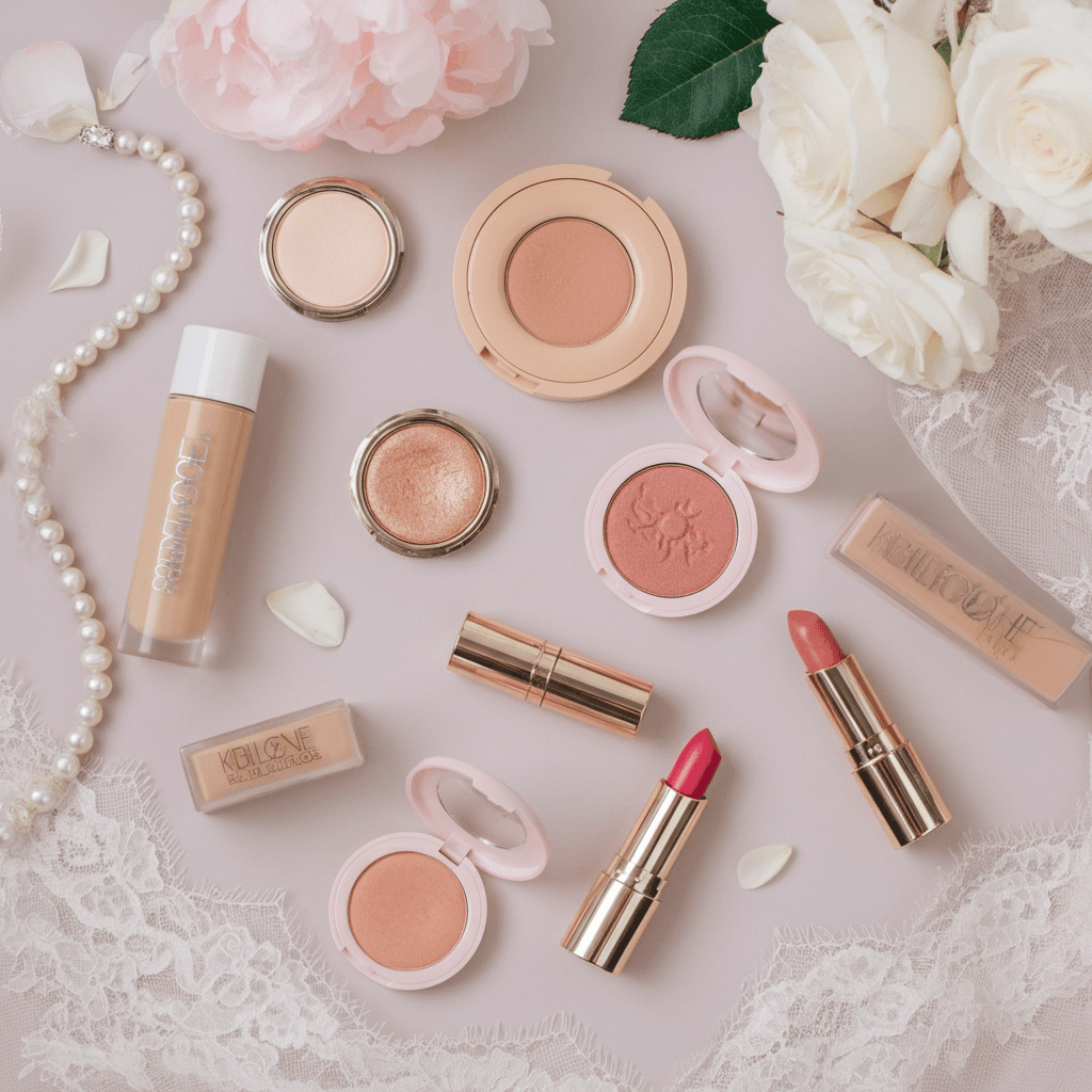 A dreamy arrangement of bridal makeup essentials, including foundation, blush, an eyeshadow palette, and lipstick, paired with wedding accents like a pearl necklace, white roses, and a lace veil, set against a soft pastel background with gentle lighting.