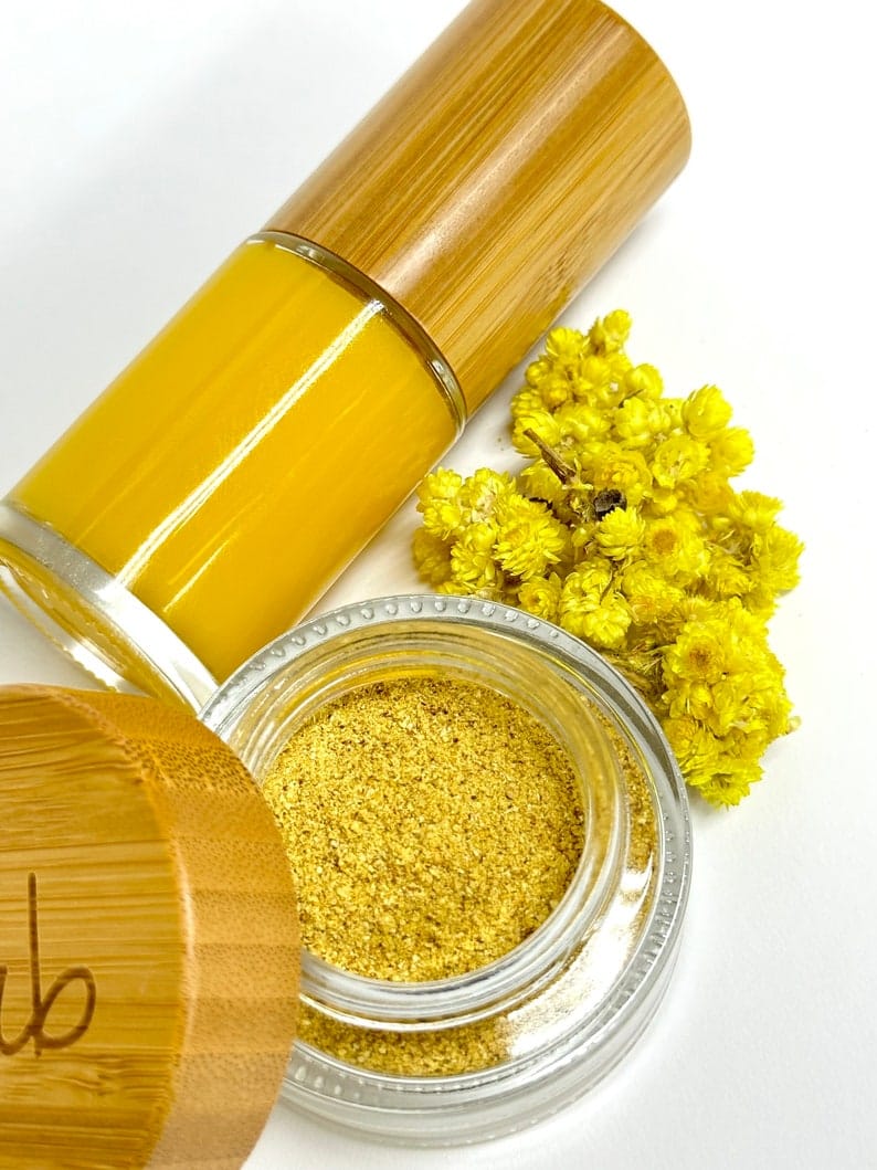 Helichrysum Face Serum & Mask – Vegan Gold Treatment "Vegan helichrysum serum transforms into a gold-infused mask for radiant skin. Plant-powered alternative to retinol—fades hyperpigmentation without animal testing or synthetic actives."